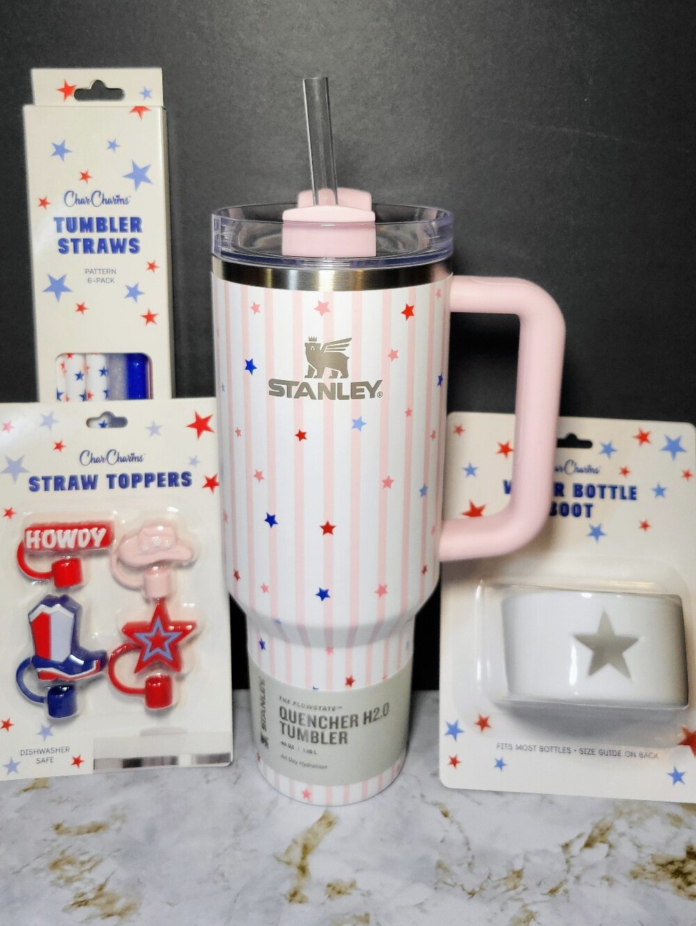 Stanley 40oz Pink Starry Stripes Quencher Bundle CharCharms 4th of July Access.